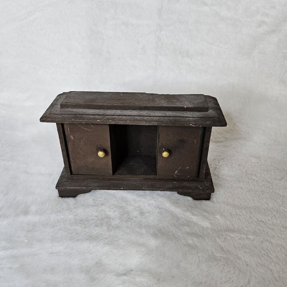 Miniature Wooden Credenza Console Dollhouse Furniture Dark Brown Golden Knob Vtg